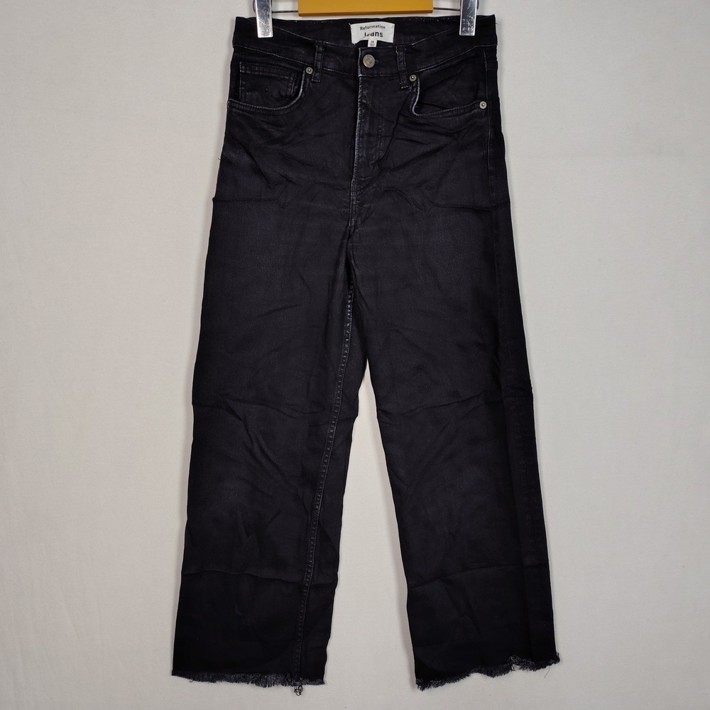Reformation Emma High Rise Wide Leg Jeans Black Raw Hem Size 28